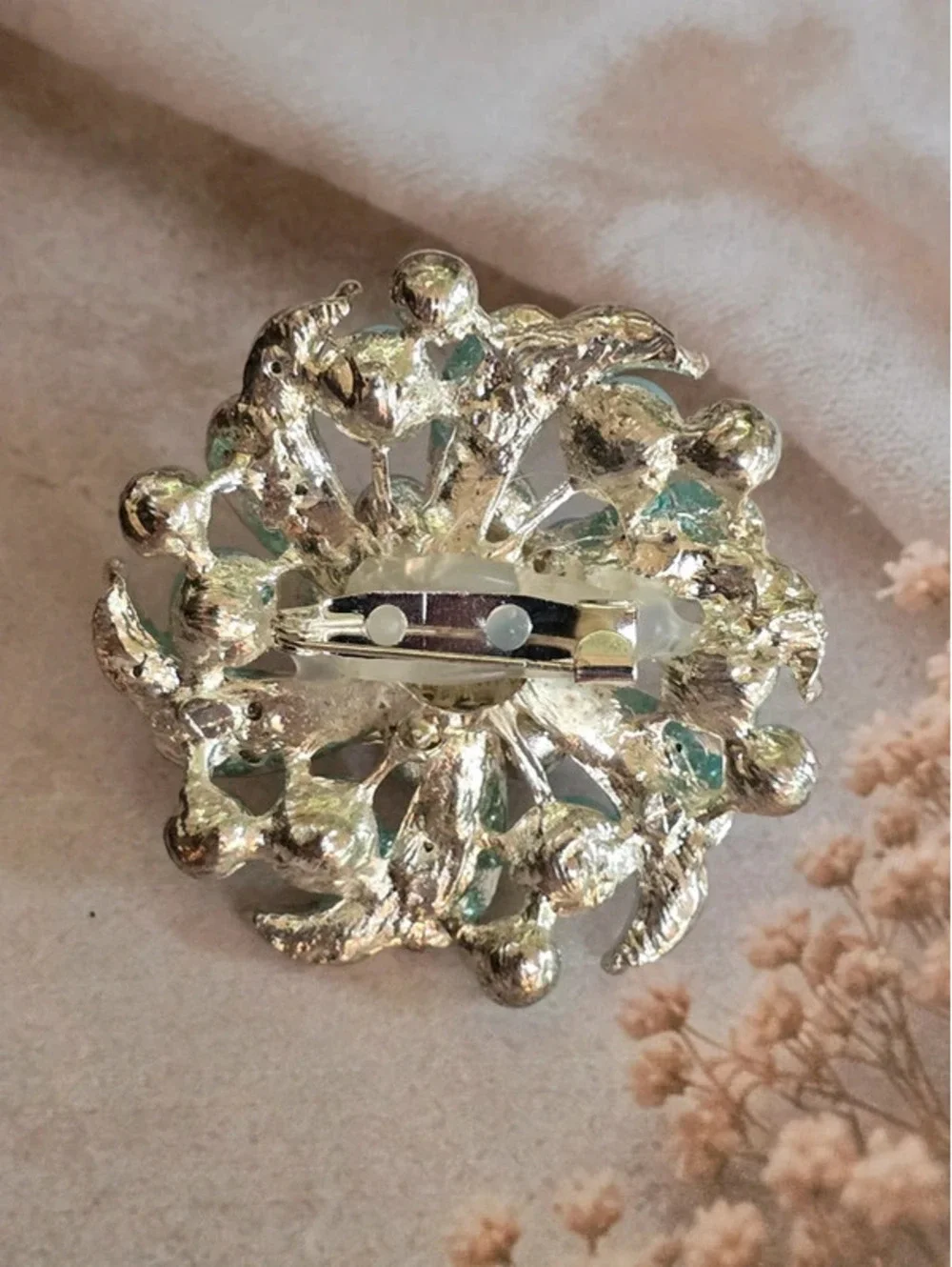 Vintage Aqua Blue Faux Pearl & Clear Rhinestone Floral Burst Brooch Pin